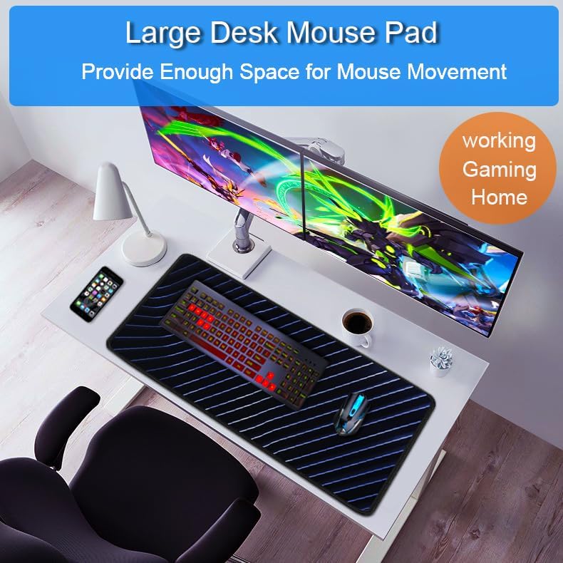 Gaming Mouse Pad, 31.5x15.7 inch Large Extended Computer Keyboard Mouse Mat, Water Resist Non-Slip Mousepad Rubber Base Long XXL Desk Mouse Pad for Work & Gaming, Office & Home, Blue line