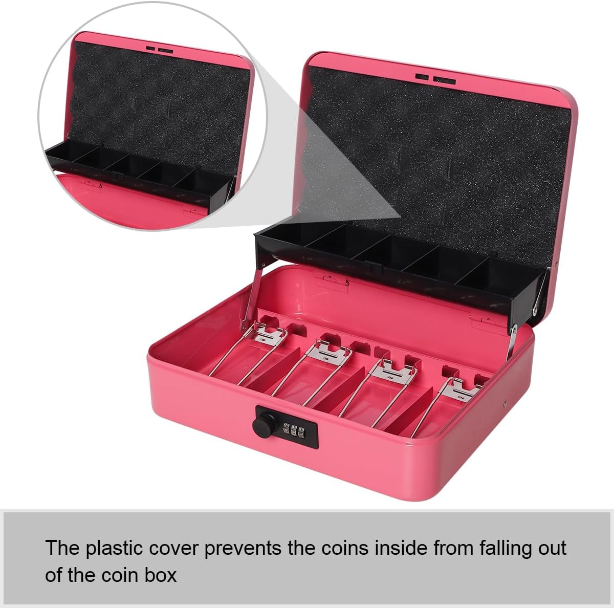 Jssmst Cash Box with Money Tray and Lock - Pink Cash Box with Combination Lock Safe Large, Locking Cash Register Drawer Box for Money, 11.8'' x 9.5'' x 3.5'', SM-CB005PC