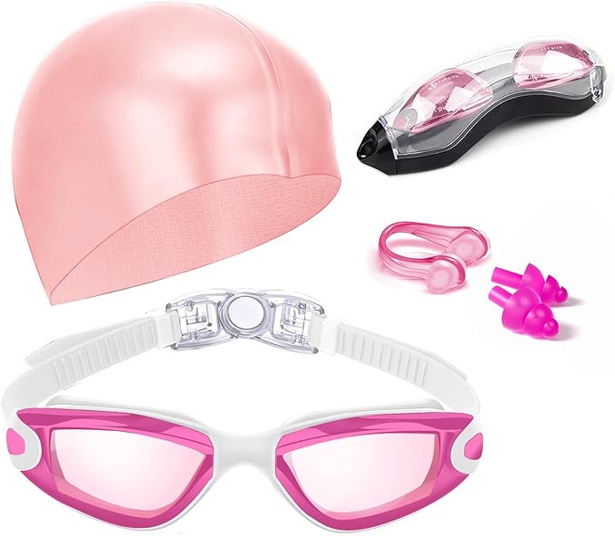 Swim Goggles Swimming Goggles No Leaking with Nose Clip, Earplugs, Swim Cap and Case for Men Women