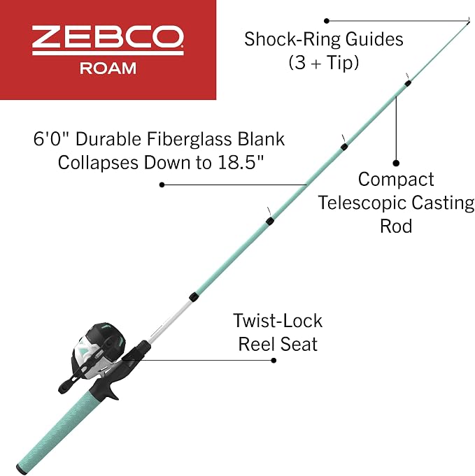 Zebco Roam Telescopic Fishing Rod and Spinning or Spincast Fishing Reel Combo