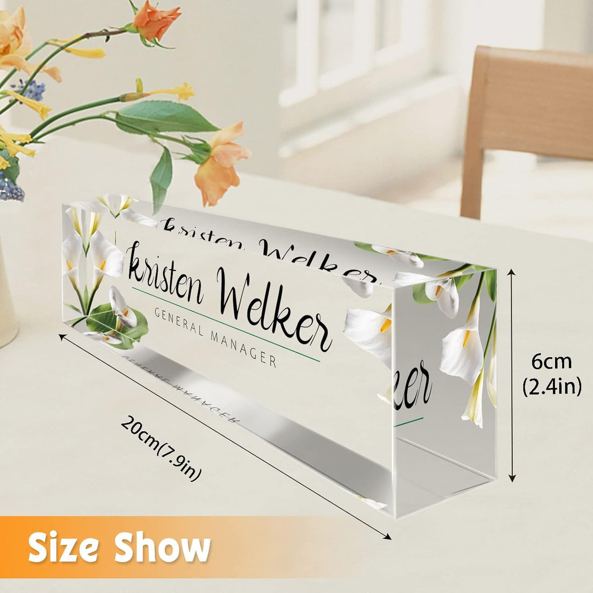Desk Name Plate Personalized, Premium White Calla Lily Acrylic Desk Name Plate, Personalized Name Plate for Desk, Office Decor for Women or Men Coworkers, Boss, Employee, Teacher