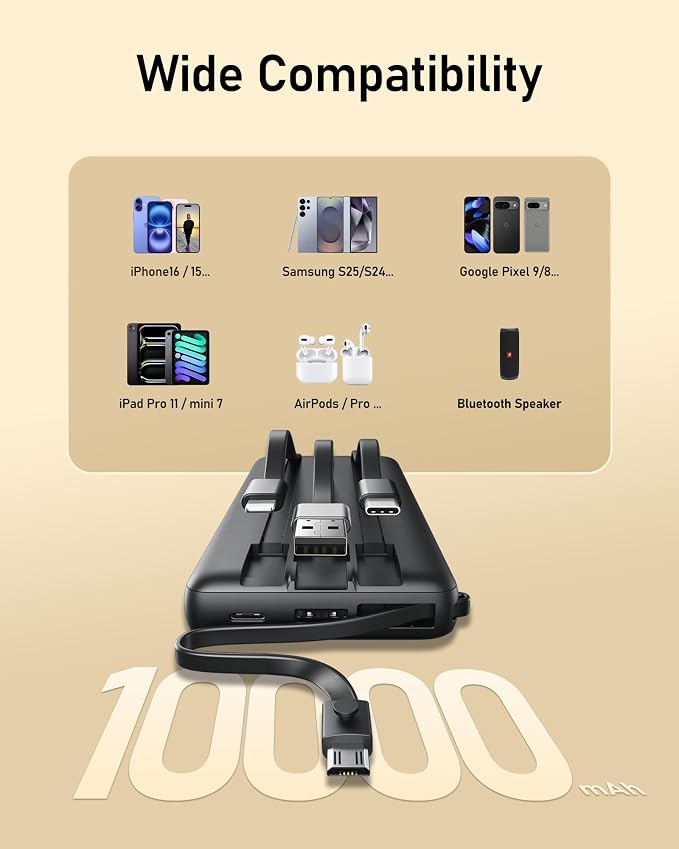 VEEKTOMX Portable Charger with Built-in Cables 10000mAh Power Bank