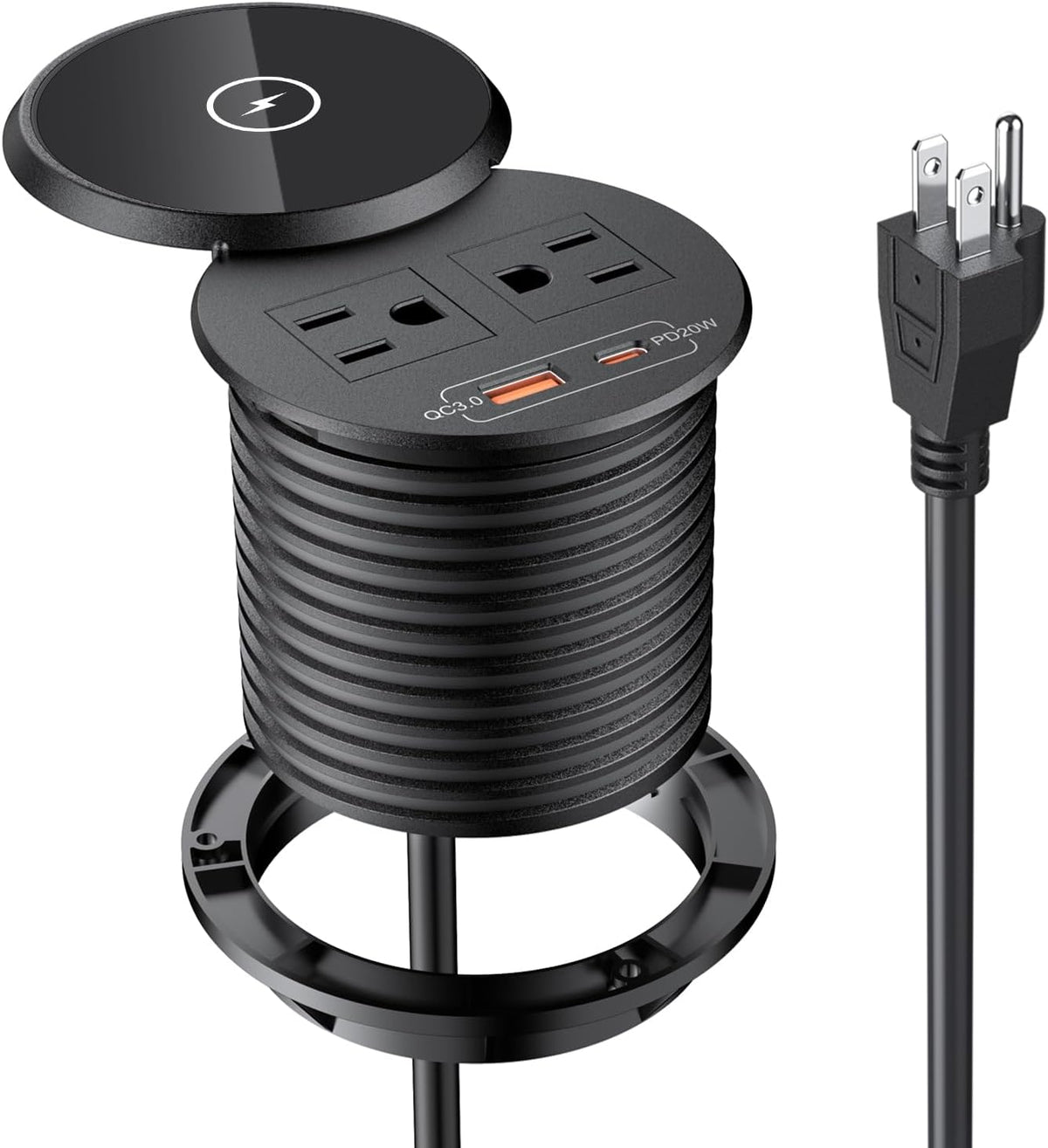 XBA PD 20W USB C Desk Power Grommet with 15W Wireless Charger Cover, Recessed Power Strip with 18W USB A and 2 AC Outlets,Hidden Power Outlets with 6FT Cords for Office, Home, Conference(Black)