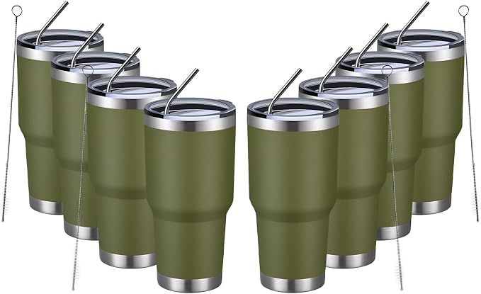 MEWAY 30oz Insulated Tumbler With Lids and Straws,Stainless Steel Double Vacuum Coffee Tumbler Cup, Brush, Durable Powder Coated Coffee Cup for Cold & Hot Drinks, Office, Travel(Army Green,8 PACK)