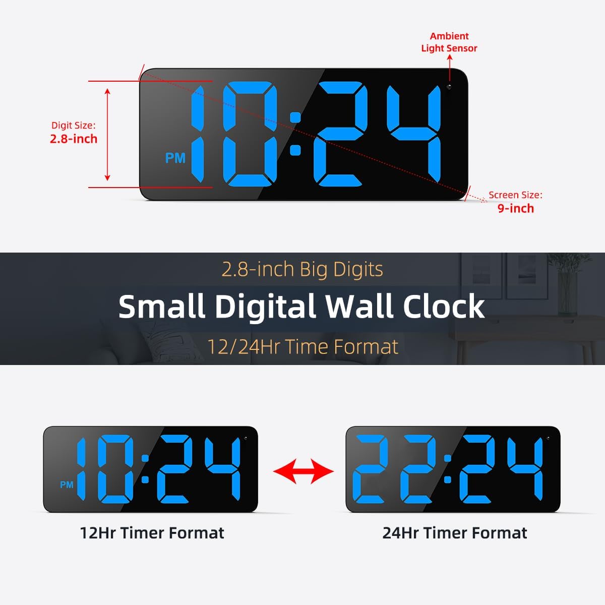 LED Digital Wall Clock with Large Display, Big Digits, Auto-Brightness, 12/24Hr Format, Modern Electric Small Silent Wall Clock for Living Room, Bedroom, Classroom, Farmhouse, Kitchen, Office - Blue