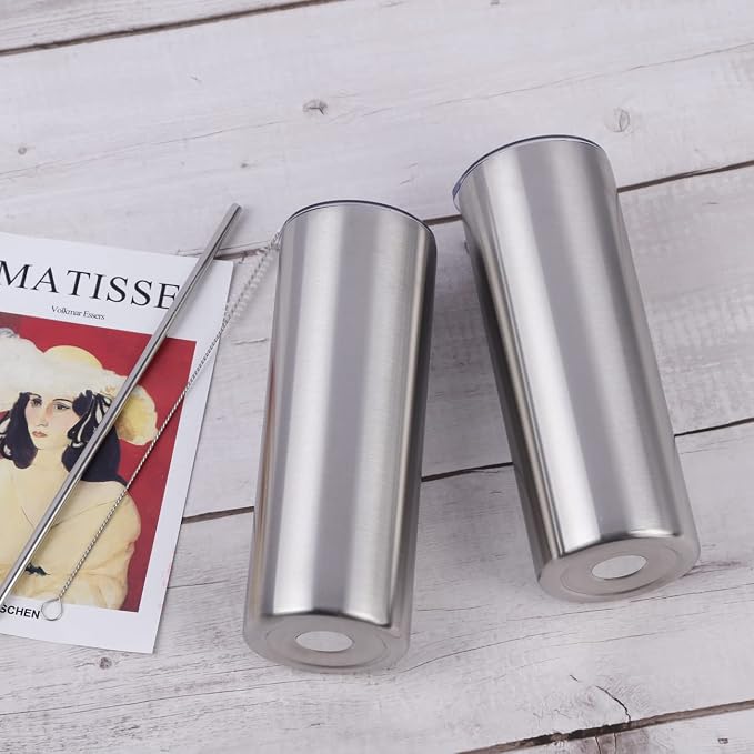 12 Pack 20 Oz Straight Skinny Tumblers,Individually Gift Boxed Stainless Steel Slim Skinny Tumbler Set Bulk, 20 Oz Insulated Slim Thin Travel Tumbler Cup for Diy, Silver