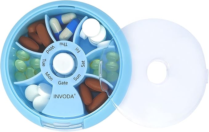 INVODA Weekly Pill Organizer 7 Compartment Rotating Pill Box