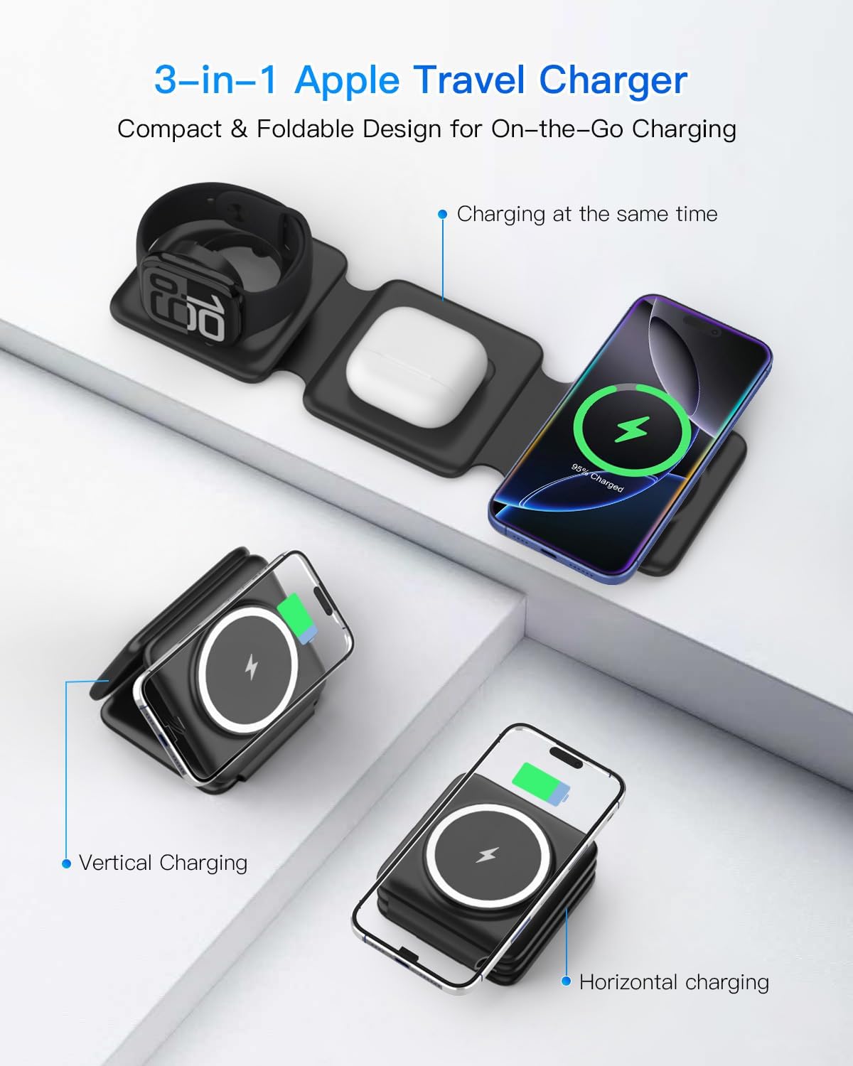 Magnetic Wireless Charger for iPhone: Fodable 3 in 1 Charging Station for Multiple Apple Devices - Travel Charging Pad Dock for Apple Watch iPhone 16 15 14 13 12 Pro Max Plus & Airpod