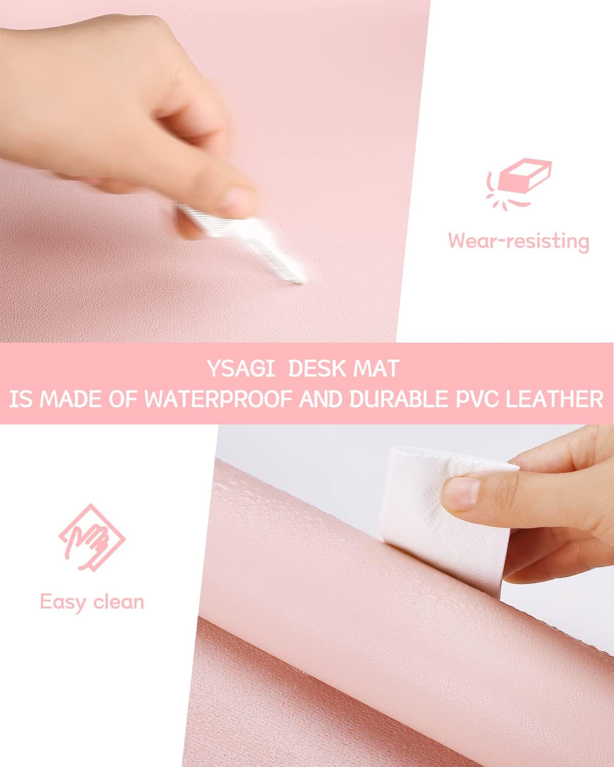YSAGi Non-Slip Leather Desk Pad XL Size, Waterproof Laptop Computer Desk Keyboard Mat, Table Protector Blotter Mat, Large Mouse Pad for Office/Work/Home/Decor(Pink, 47.2" x 23.6")-No Band