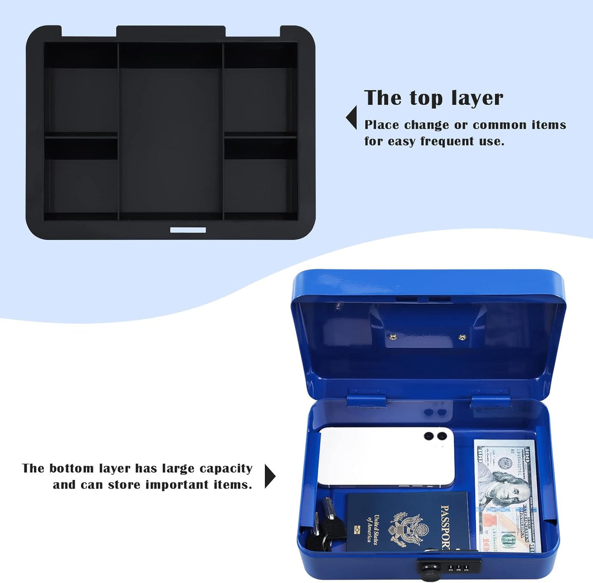 xydled Locking Steel Large Cash Box with Removable Coin Tray and Key Lock,9.84"x 7.87"x 3.54",Blue
