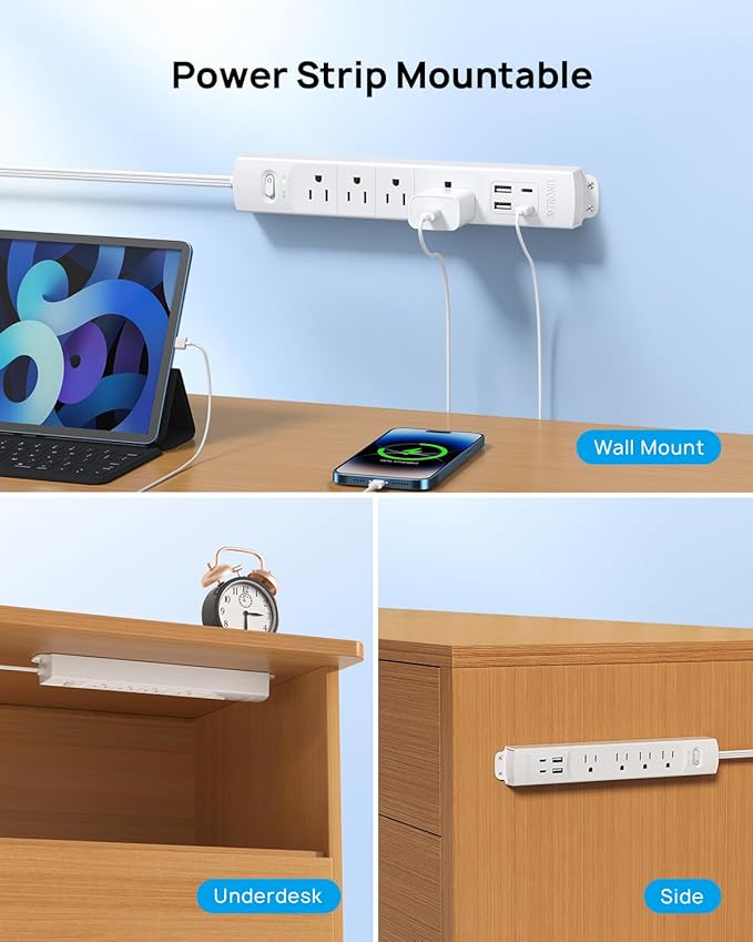 TROND Flat Plug Power Strip USB-10ft Flat Extension Cord Surge Protector Wall