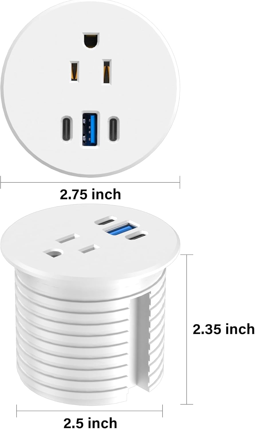 2.5 inch Power Grommet,20W USB-C Charging,1 Outlet with 2 USB C,1 USB Port,Furniture Flush Mount for Desktop,Recessed Power Strip,Workspace Essential Desk Outlet (White, 10 FT)