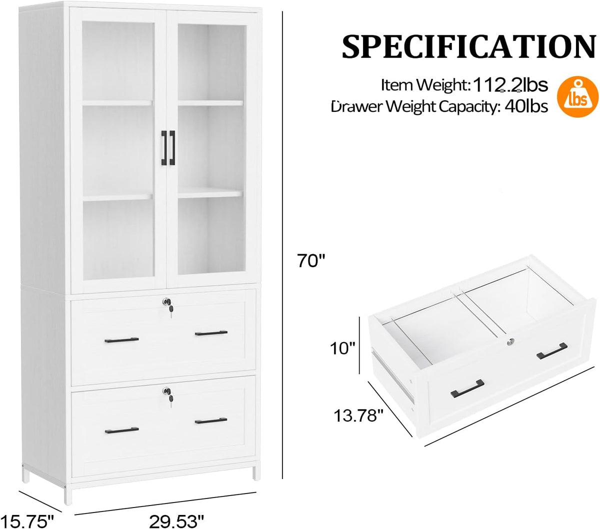 VINGLI Lateral File Cabinet with Glass Doors and 2 Locking Drawers for Hanging File Folders, Bookshelf with Adjustable Shelves for Home Office (White, 30''W x 16''D x 70''H)