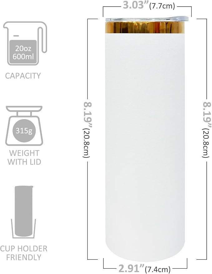 20 oz Skinny Tumblers Stainless Steel Tumbler with Lid and Straw Double Wall Vacuum Insulated Coffee Mug 20oz Powder Coated Cup for Hot and Cold Drinks(White,8 pack)