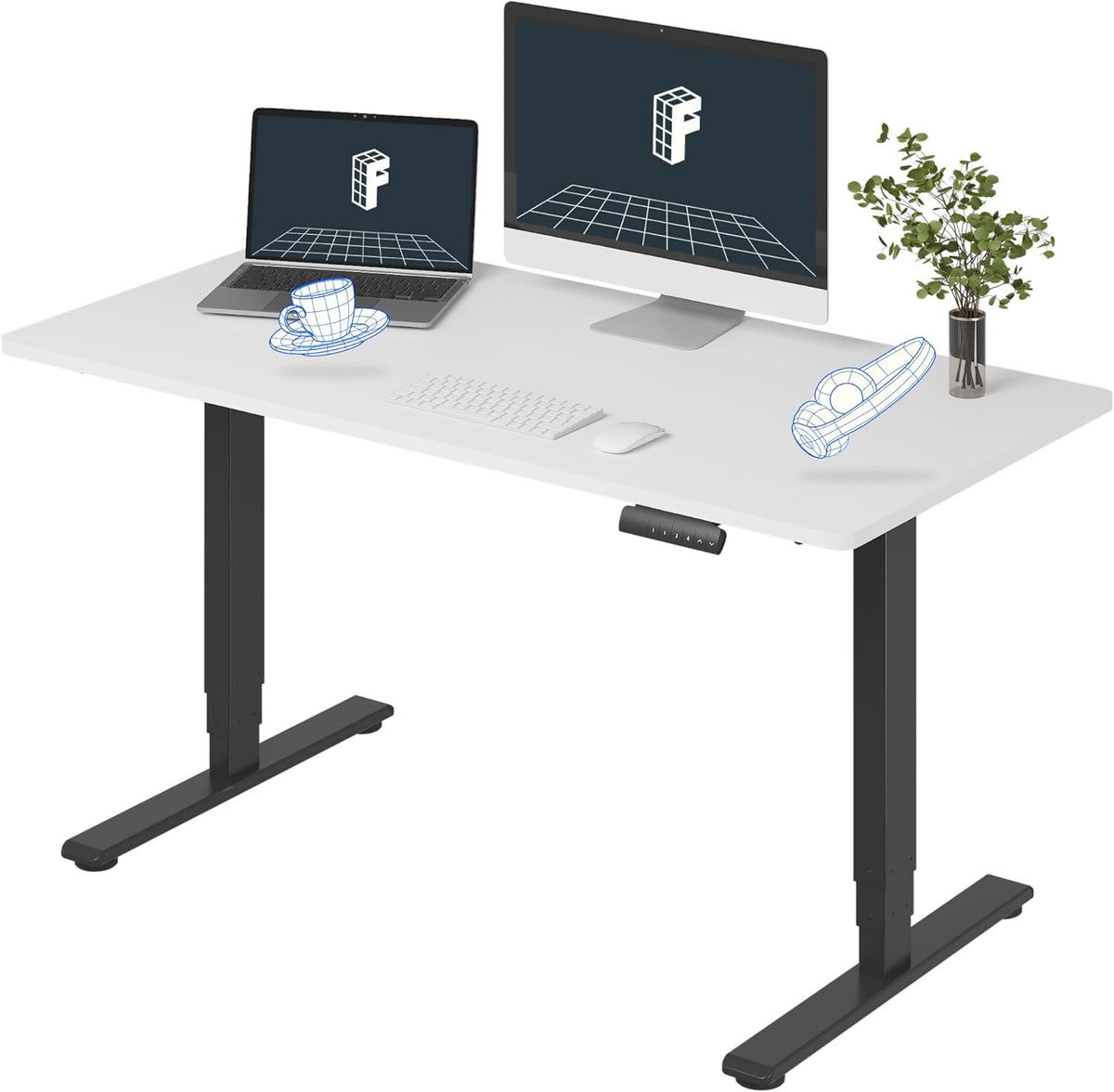 FLEXISPOT E6 Essential 3 Stages Dual Motor Electric Standing Desk 55x28 Inch Whole-Piece Board Height Adjustable Electric Sit Stand Desk(Black Frame + White Desktop, 2 Packages)