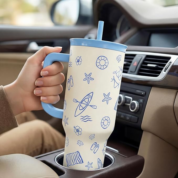 SANDJEST Beach 40oz Tumbler with Handle and Straw, Insulated Stainless Steel Travel Coffee Mug for Women Girls Beach Lovers, Gift Idea for Birthday Christmas Mothers Day Summer Vacation (Blue)