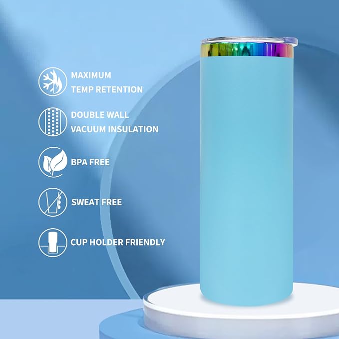 20 oz Skinny Tumblers Stainless Steel Tumbler with Lid and Straw Double Wall Vacuum Insulated Coffee Mug 20oz Powder Coated Cup for Hot and Cold Drinks(Blue,4 pack)
