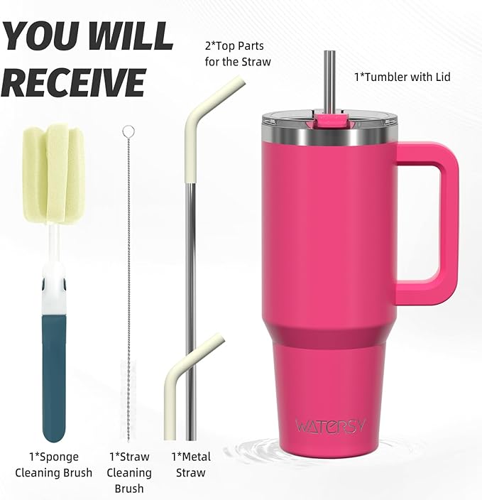 40 oz Tumbler with Handle,Tumbler with Lid and Straw,Double Wall Insulated Cup Stainless Steel Travel Mug(Cold for 34 Hours),Water Bottle for Iced Tea,Coffee,Cold Beverages(Gloss Pink)
