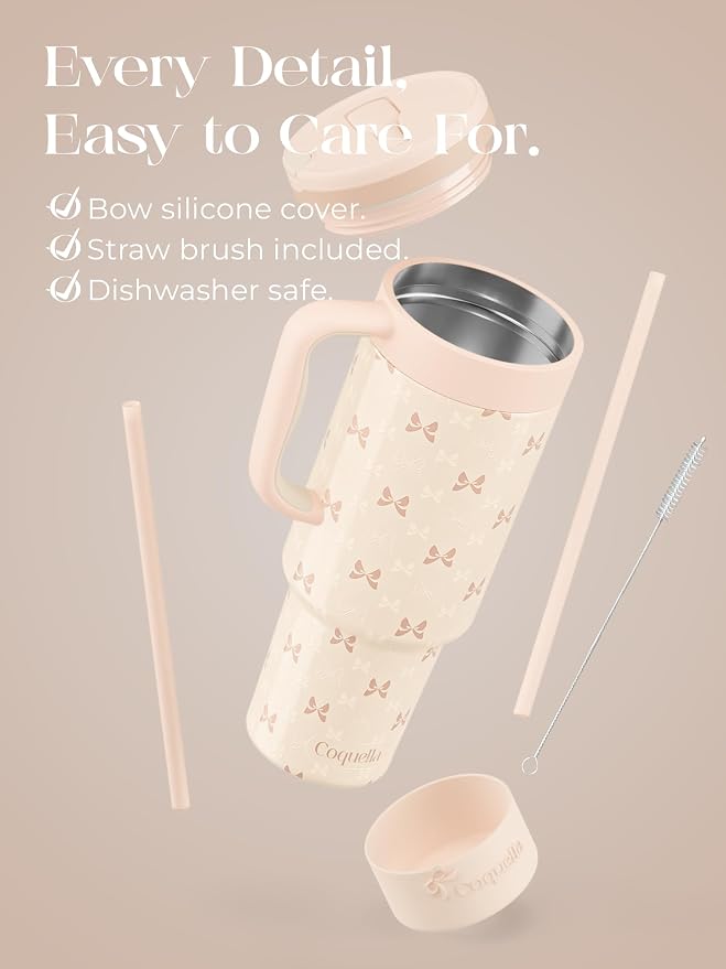 40 oz Insulated Tumbler with Handle and Push-Button Straw Lid, Stainless Steel Travel Cup for Gym Office, Leakproof, BPA-Free, Cup Holder Friendly, Bow Silicone Boot, Cream (Bow Cream)