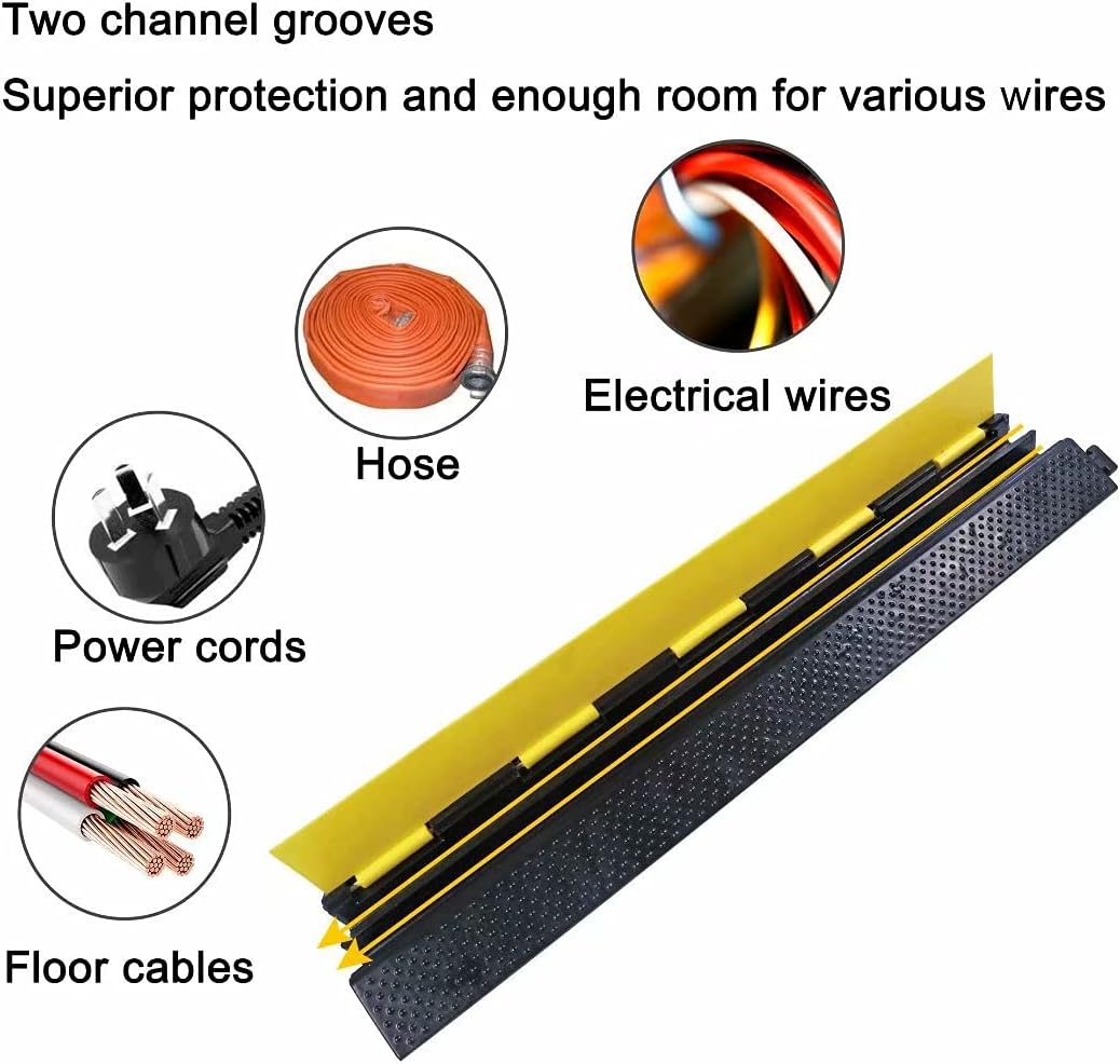 Rubber Cable Ramp Cord Cover Cable Protector Ramps Wire Hose Protective 2 Channel 22000Lbs Load Capacity Traffic Speed Bump for Asphalt Concrete Gravel Driveway Indoor Outdoor, 2 Pack