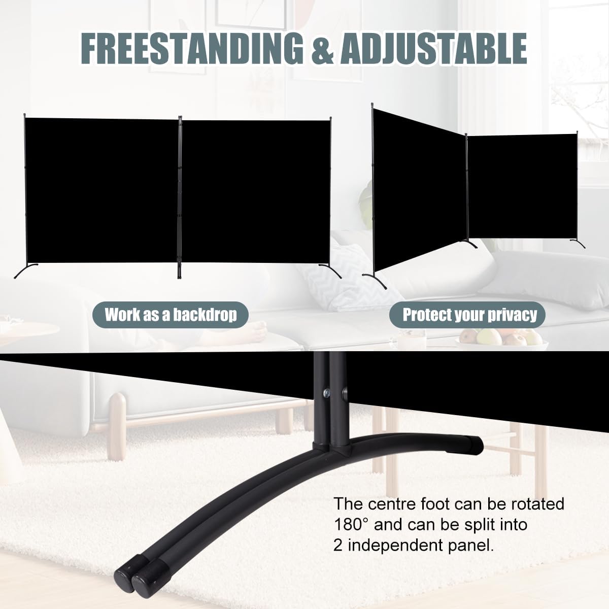 Room Divider 6FT Folding Privacy Screens, Partition Room Dividers w/Freestanding Design, Portable Wall Divider for Room Separtation, Fabric Screen Panel for Home Office Dorm (Black, 2 Panel)