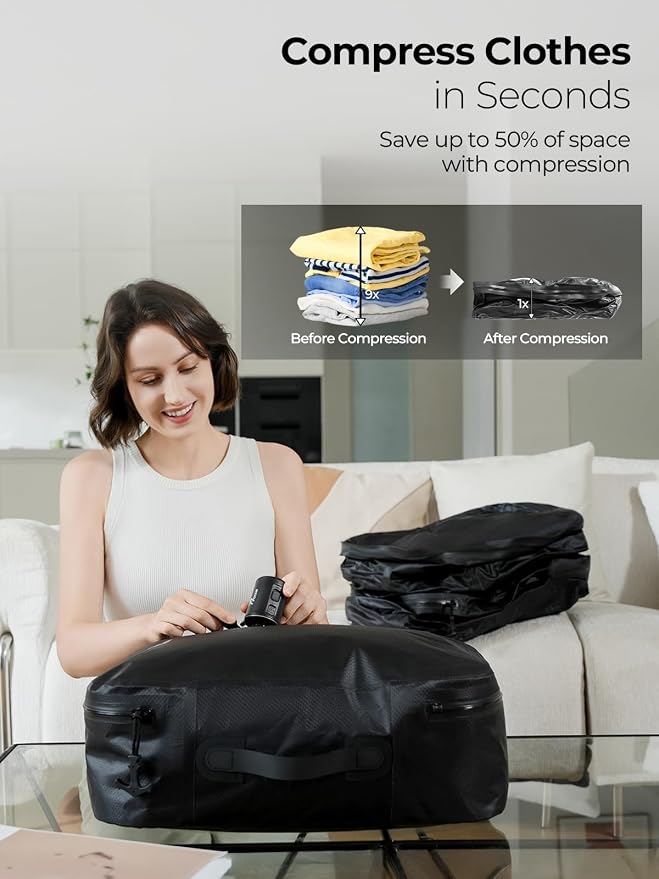 Vacuum Bags for Travel, 180° Open Zipper, IP67 Waterproof, Reusable Space Saver