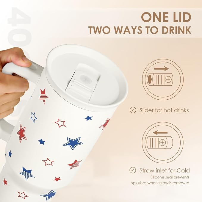 SANDJEST American Flag 40oz Tumbler with Handle and Straw, Insulated Stainless Steel Travel Coffee Mug for Women Girls, Gift Idea for Birthday Christmas 4th of July (Star)