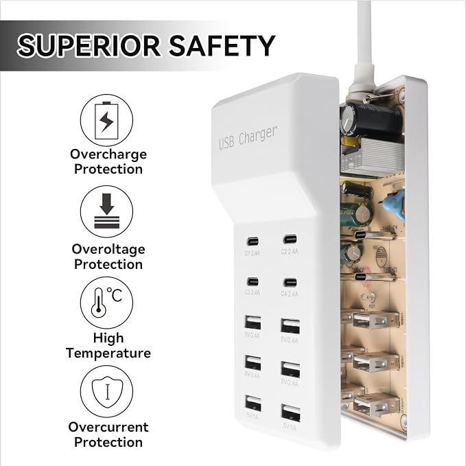 USB Charging Station, 10 Ports Family-Sized USB C Charger Block, USB Power Strip