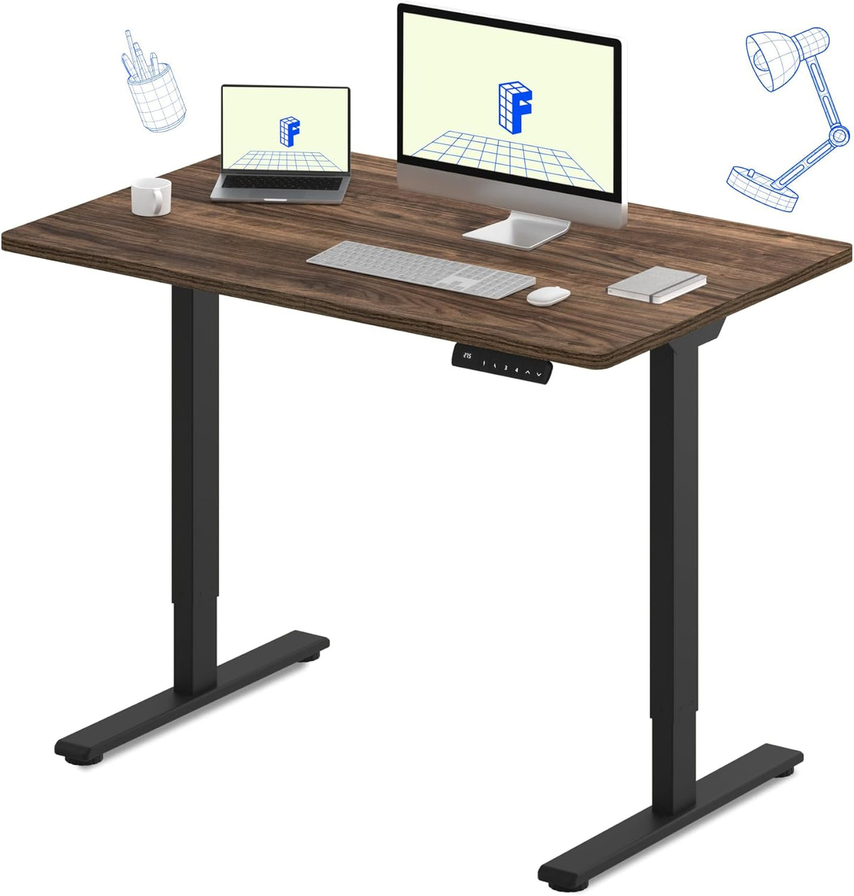 FLEXISPOT E3 Dual Motor Electric Standing Desk 48x30 Inch Whole-Piece Board Height Adjustable Desk Electric Sit Stand Desk (Black Frame + Brown Wood Grain Desktop, 2 Packages)