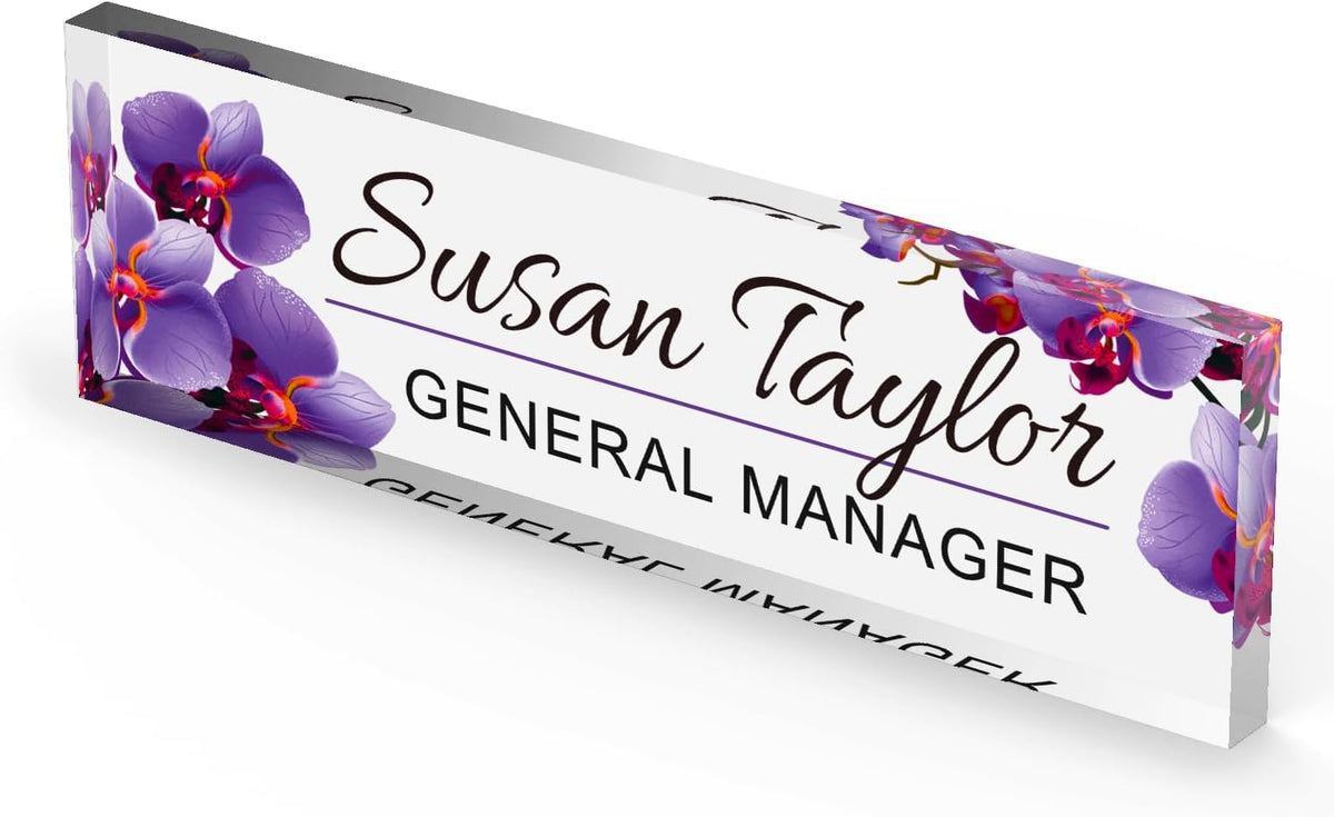 Artblox Personalized Office Desk Name Plate and Business Card Holder | Clear Acrylic Glass with Teak Wood Stand | Purple Orchids Design Customized with Your Name and Credentials Office Desk Decor