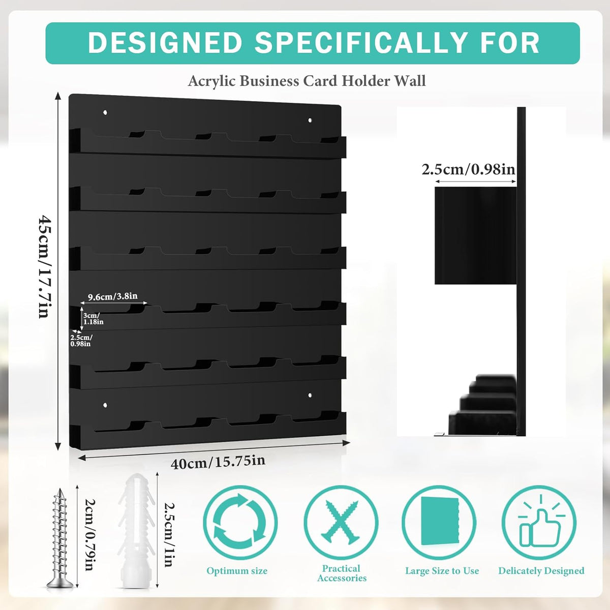 Suzile 2 Pcs 48 Business Card Holder Wall Mount 24 pockets each Business Card Display Wall with Hanging Hardware Acrylic Business Multiple Sticker Display for Office Home, 17.7'' x 15.7'', Black