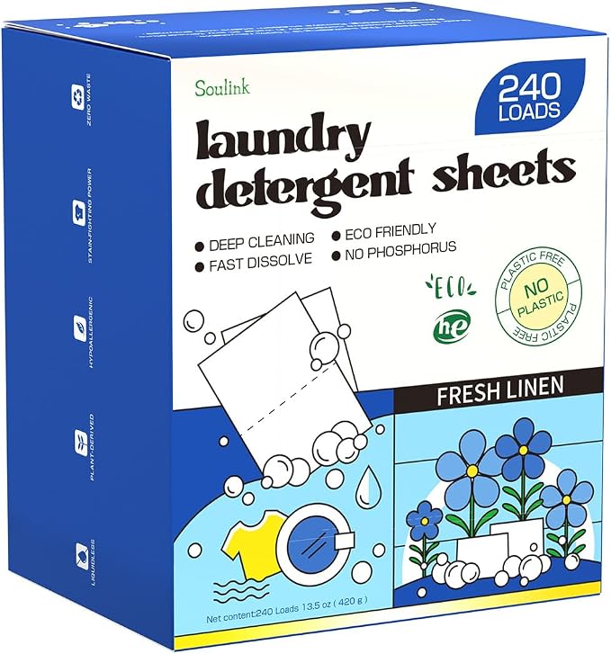 Soulink Laundry Detergent Sheets Fresh Linen Scent 240 Loads，Eco Friendly