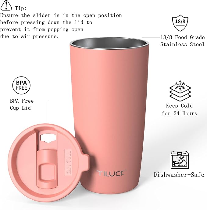TILUCK 20 oz Insulated Tumbler with BPA-Free Lid, Stainless Steel Vacuum Travel Coffee Mug, Double Wall Coffee Tumbler（20oz，Matte CoralRed）