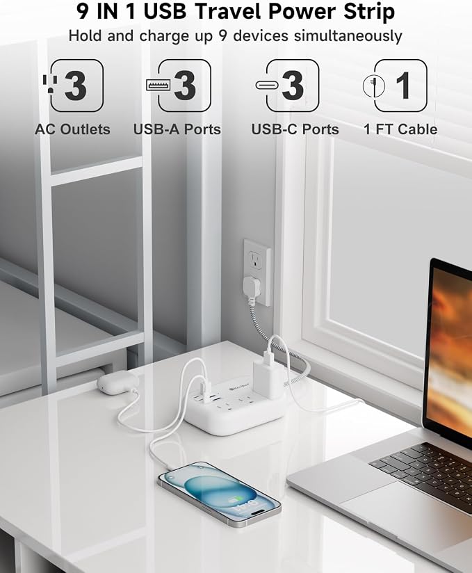 Short Extension Cord 1 Ft- 6 USB Travel Power Strip