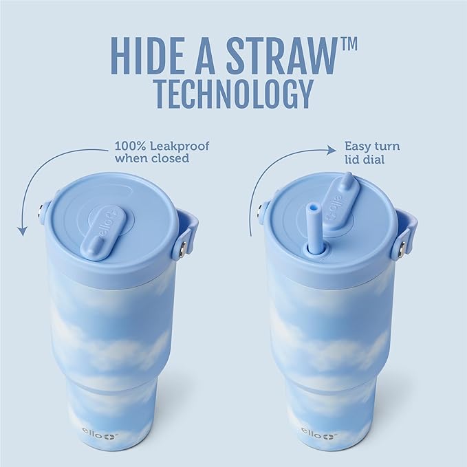 Ello Oasis Go+ 26oz Tumbler with Top Handle and Retracting Straw | Reusable Insulated Stainless Steel Cup, 100% Leakproof Water Bottle, 24 Hours Cold, Cup Holder Friendly For Travel | In The Clouds