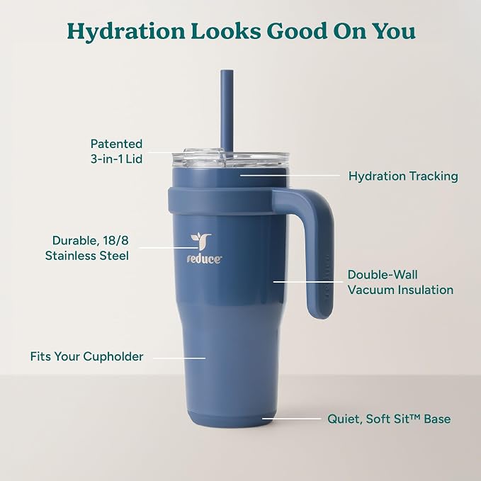 Reduce 24 oz Stainless Steel Tumbler with Handle - Dual-Wall Vacuum Insulated Travel Mug, Sweat-Proof Lid & Reusable Straw - Keeps Drinks Cold for 24 Hrs, Fits Cupholders, Dishwasher Safe-Mineral Blue