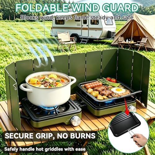2 Burner Portable Camp Stove, 24000 BTU Propane Camping Stove with Windshield, Folding Gas Stove with Carry Bag, Compact Camping Essentials Gear for BBQ, Picnic, Outdoor Cooking, Grilling, Green