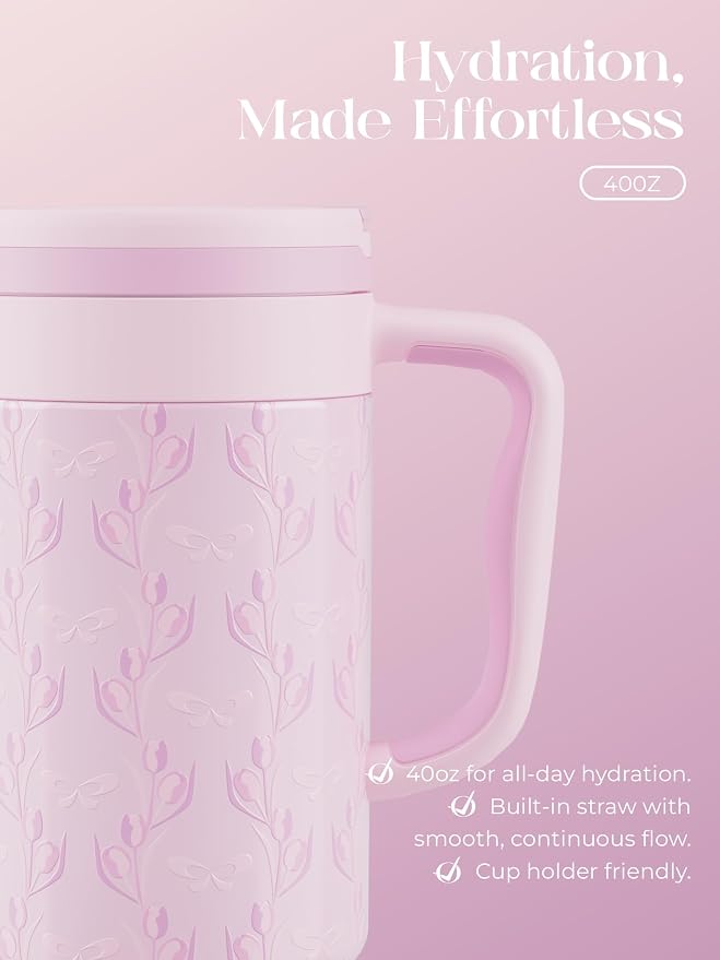 40 oz Insulated Tumbler with Handle and Push-Button Straw Lid, Stainless Steel Travel Cup for Gym Office, Leakproof, BPA-Free, Cup Holder Friendly, Bow Silicone Boot, Purple (Tulip Lilac)