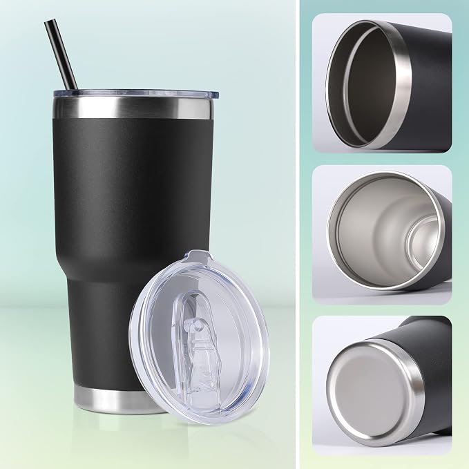 DOMICARE 30 oz Tumbler with Lid and Straw, Stainless Steel Tumblers Bulk, Insulated Vacuum Double Wall Travel Coffee Mug, Durable Powder Coated Tumbler Cups (Black, 12)