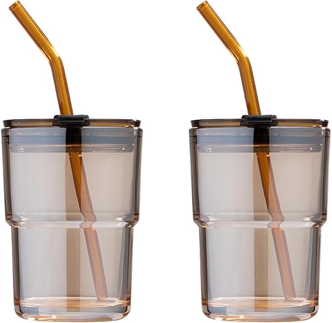 BLUEPOLAR 13oz/400ml Tumbler Water Glass, Cups with Straw and Lid Sealed Carry on for Coffee, Iced Tea, Thick Wall Insulated Glass Cup（Amber 2-Pack）