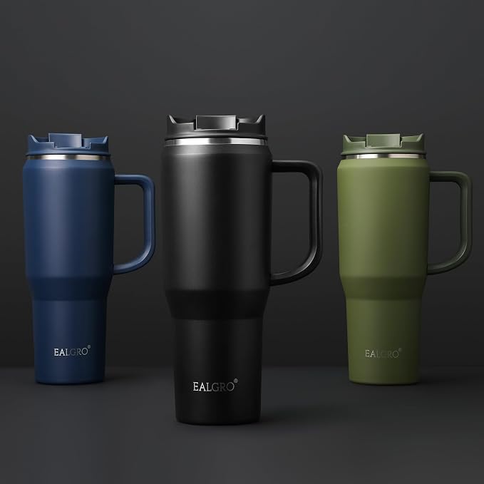 EALGRO 40 oz Tumbler with Handle, Insulated Tumblers with Lid and Straw, Large Metal Sports Water Bottle Jug, Thermal Stainless Steel Travel Coffee Mug Cup, Black