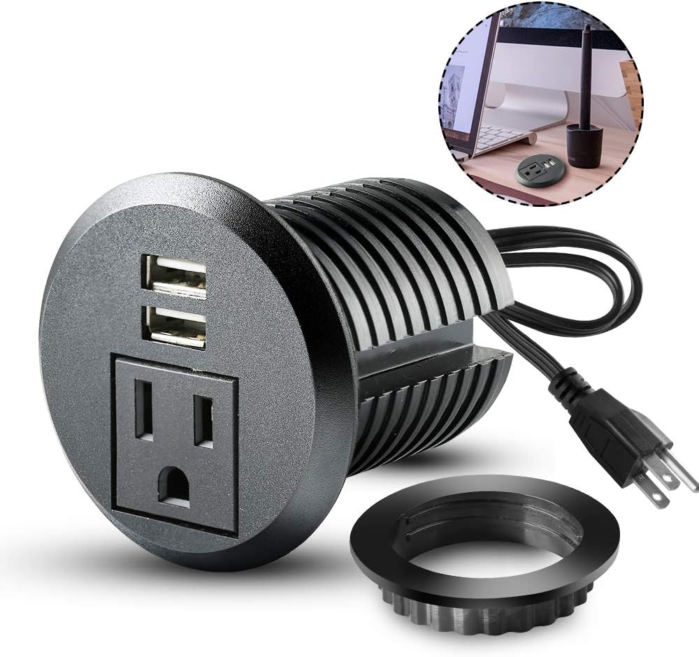 Desktop Power Grommet,2inch Hole Table Power Grommet Outlet with 2 USB Charging Ports,6.5ft Extension Cord Desk Power Strip with 1 Outlets for Computer,Table, Kitchen, Office,Home,Hotel and More