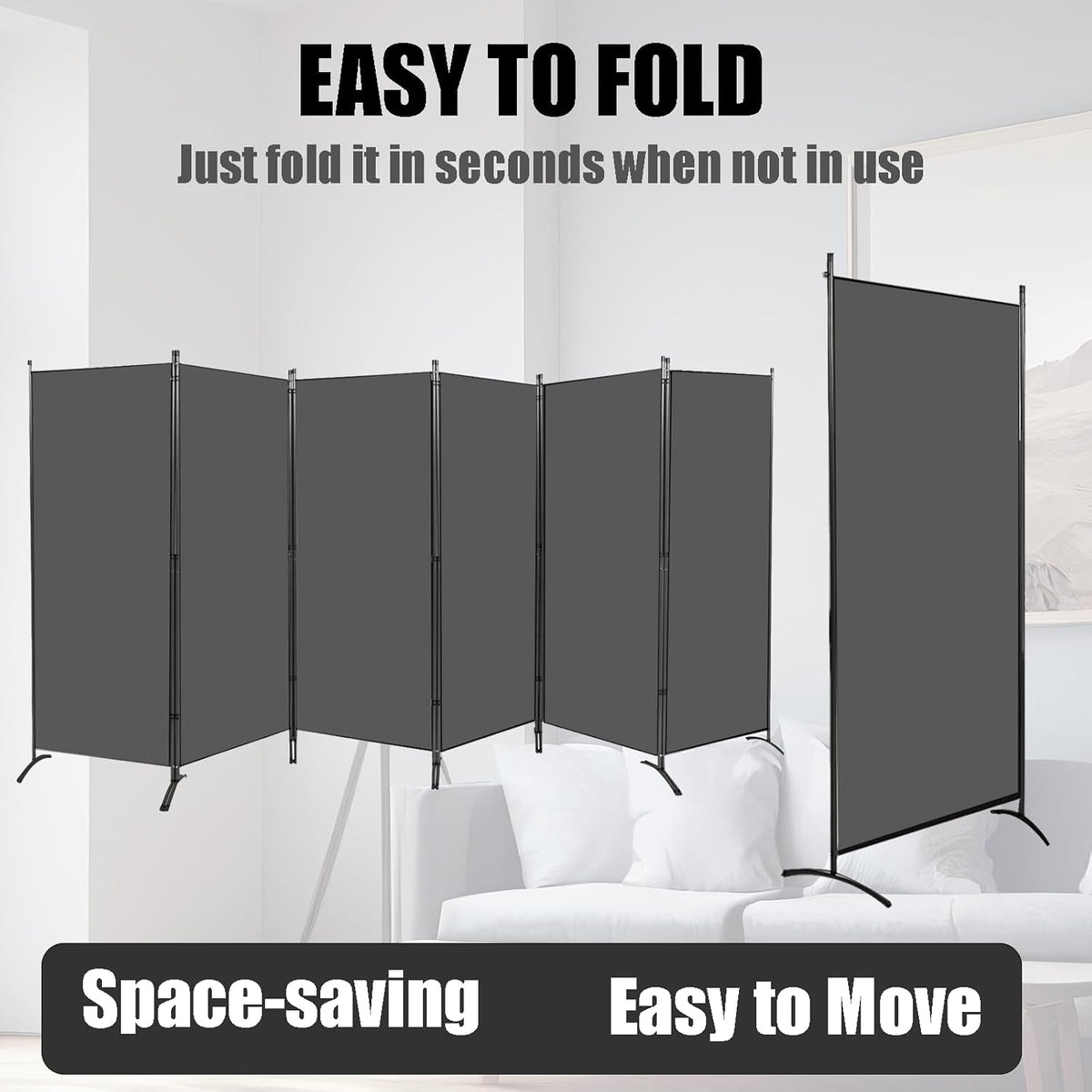 Room Divider-6 Panels Grey Folding Privacy Screens, 6 ft Partition Room Dividers Wall for Separation, Home, Office, Classroom, Studio