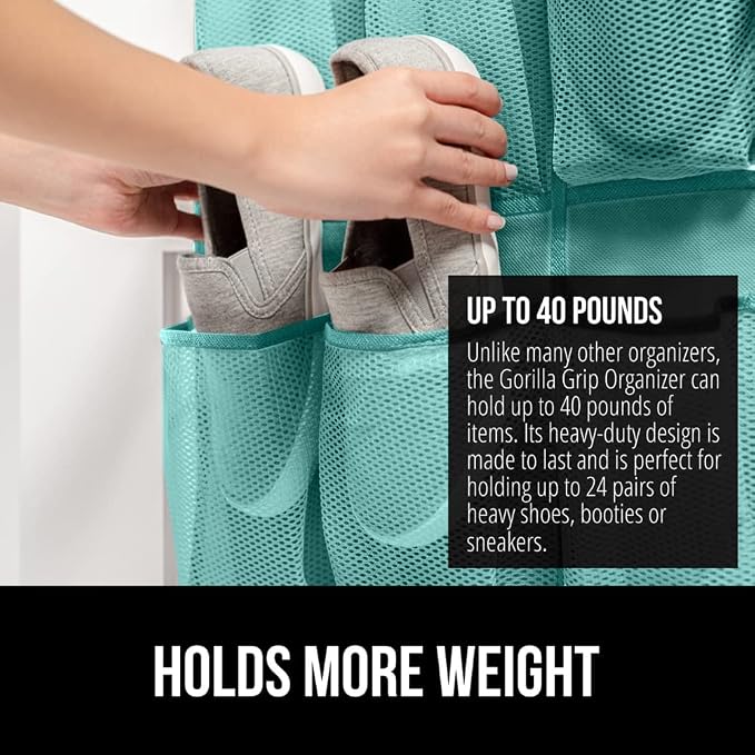 GORILLA GRIP Over the Door Shoe Organizer, 24 Large Breathable Mesh Pockets