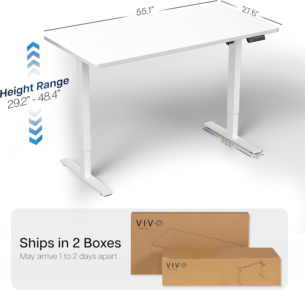 VIVO Electric 55 x 28 in Standing Desk, Memory Height Adjustment, 1B Series, One-Piece White Top, White Frame, DESK-KIT-1W55W