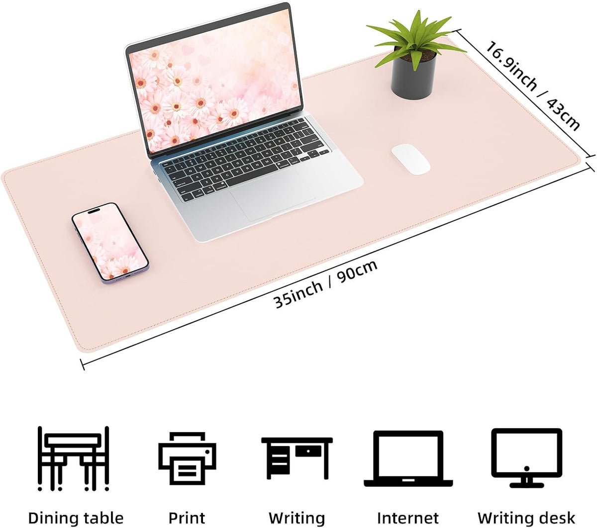 Leather Desk pad Protector, Large Desk mat with Natural Cork & PU Leather,Mouse pad,Non-Slip Office Desk Mat,Waterproof Desk Writing Pad for Office and Home (35in*17in, Rose Pink)