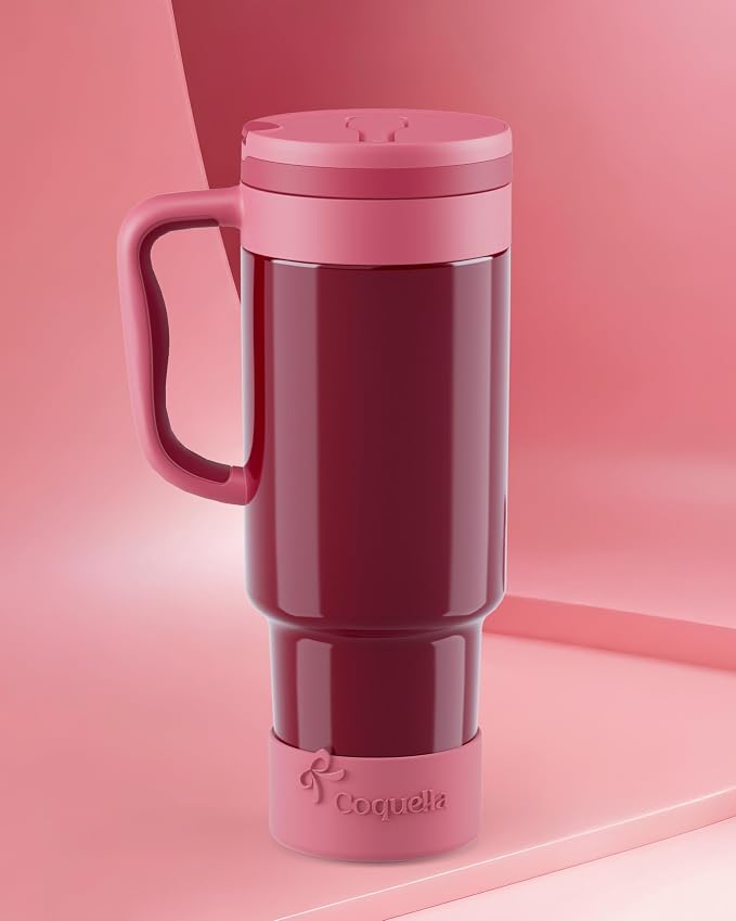 40 oz Insulated Tumbler with Handle and Push-Button Straw Lid, Stainless Steel Travel Cup for Gym Office, Leakproof, BPA-Free, Cup Holder Friendly, Bow Silicone Boot, Red (Wine Burgundy)
