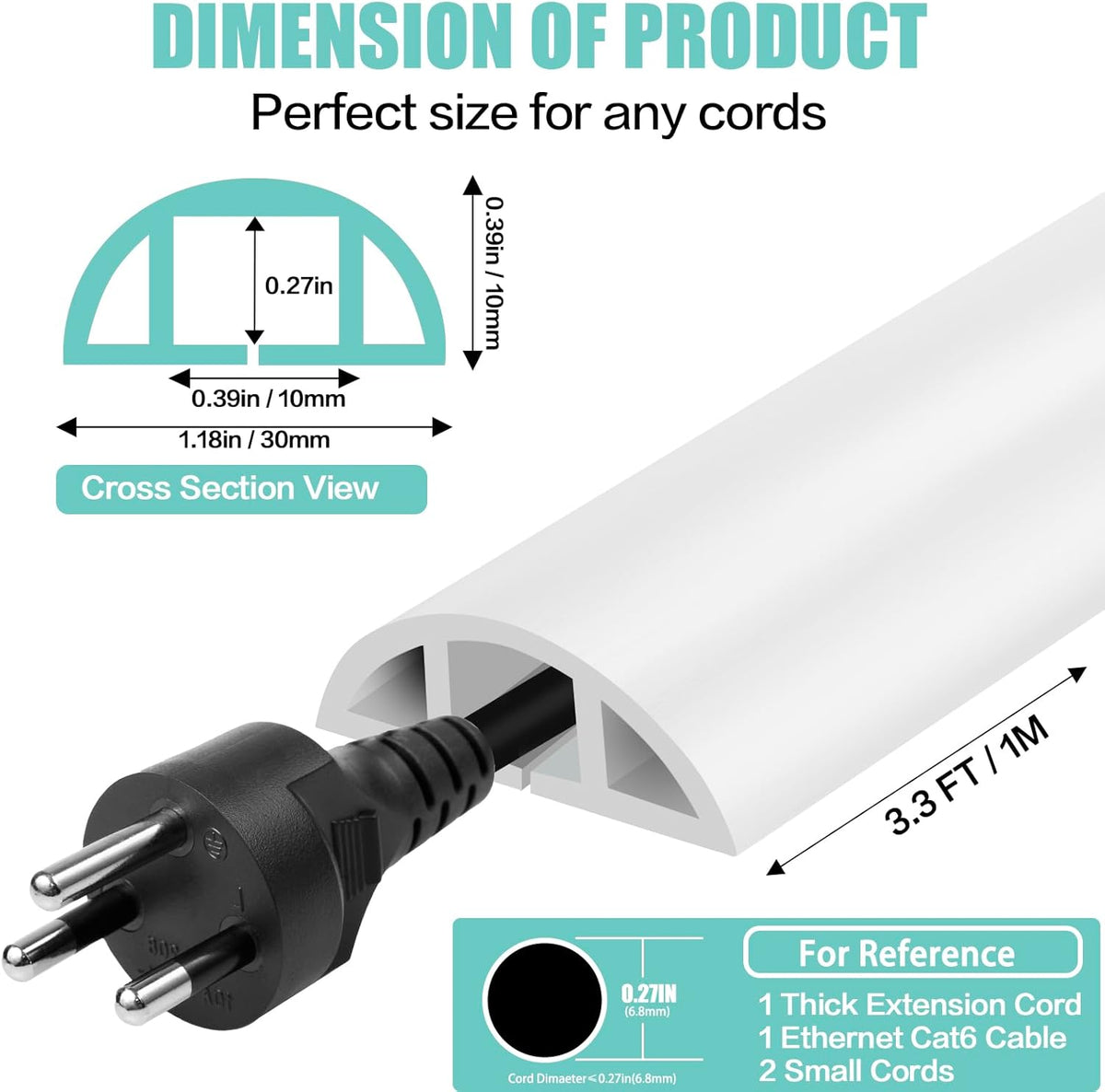 Floor Cord Cover Self Adhesive Cord Hider,3.3FT Cable Management, Extension Strip Protector for Wires, Prevent Cable Trips for Offices, Gyms, Exhibitions Cavity:0.39"(W) x 0.27"(H) White