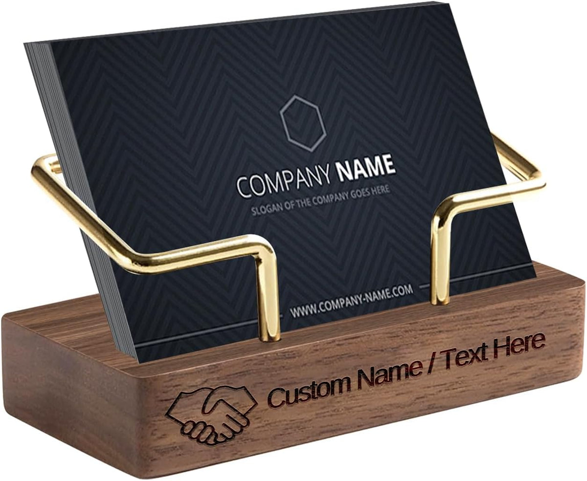 Custom Business Card Holder Desk-Personalized Engraved Wooden Business Card Case Holder, Customized Name Logo Business Card Display Gifts for Men Women (Black - Walnut)