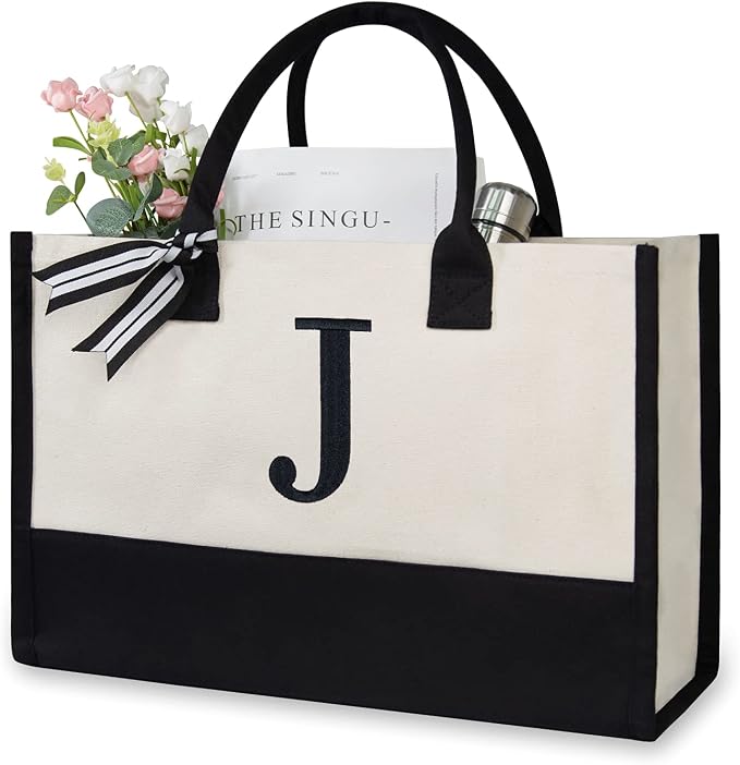 TOPDesign Embroidery Initial Canvas Tote Bag, Personalized Present Bag